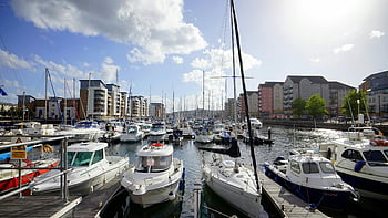 Yachthafen, Yachten, Segelboote, Sommerhimmel, Weiße Motorboote, Gewässer, malerisch, Boote, Ufergegend, Dock, Hafen