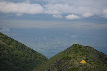 mountains, ranges, nature, hike, height, snow, spaciousness, stones, tent, overnight, kamchatka