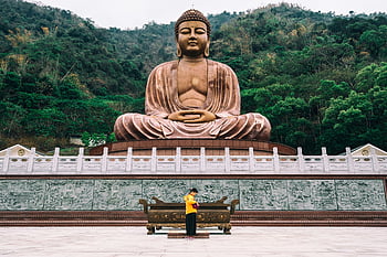socha Buddhy, chrám, tchaj-wan, oltář, žena, klidné nastavení, Velký Buddha, sochařství, střecha, venkovní, modlitba