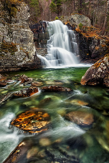 waterfall, river, rocks, stones, falls, creek, stream, flow, water, forest, nature
