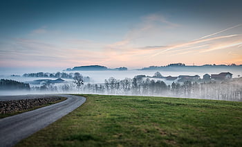 road, meadow, fog, sunset, dusk, field, hill, trees, foggy, mist, pavement