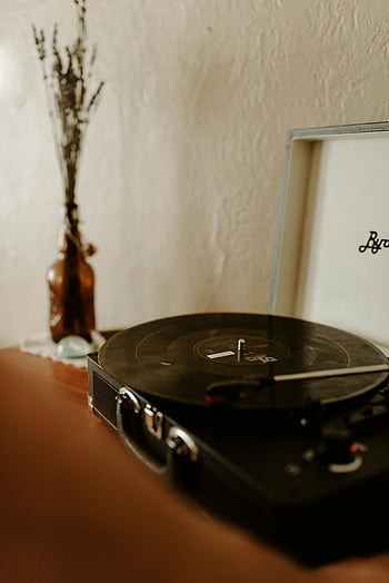 disco de vinil, toca discos, Vinil clássico, vaso rústico, aconchegante interno, toca-discos, vinil preto, configuração interna, plataforma giratória vintage, reprodutor de música, decoração rústica