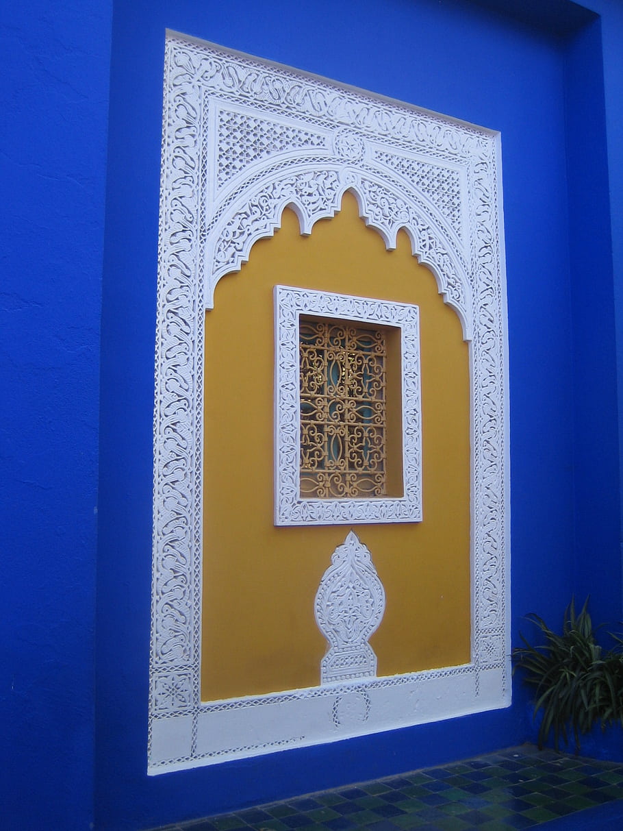 architektura, modrý, barva, marocký, marrakech, majorelle zahrada, islámský design, zdobené okno, kulturní dědictví, Botanická zahrada, turistická atrakce