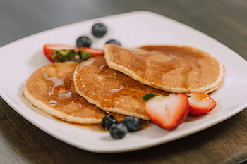 pancakes, fruits, white ceramic plate, syrup, fresh berries, wholesome breakfast, strawberry, blueberry, breakfast food, delicious meal, healthy eating