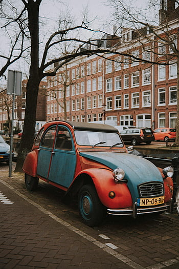citroen 2cv, zaparkováno, ulice, amsterdam, klasické auto, městský život, okouzlující ulice, Historické auto, Evropské město, cihlové silnici, holandská architektura