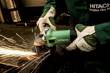 hitachi vinkelsliper, arbeider, gnister, verksted, nærbilde, vinkelsliper, hitachi, hansker, metall skjæring, verktøy, sikkerhetsutstyr