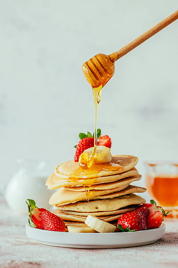 pancakes, honey, strawberries, sweet breakfast, stack of pancakes, fresh strawberries, honey drizzle, delicious pancakes, breakfast food, strawberry pancakes, honey dipper