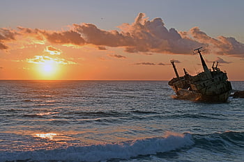sunset, boat, shipwreck, sea, clouds, nature, scenery, seascape, ocean, dusk, edro Iii