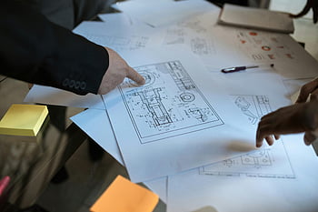 engineers, blueprints, project plan, teamwork, architecture design, workspace, pointing, discussion, sticky notes, technical drawings, collaboration