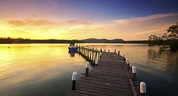 západ slunce, klidné vody, Rustikální molo, jezero, hnědý dok, tělo z vody, nádherný výhled, večerní scenérie, klidné scény, dřevěné molo, Dock poblíž vody