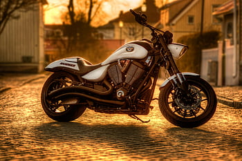 White and Black Cruiser Motorcycle, sunset light, cobbled street, Norra Skara, Sweden, majestic motorcycle, warm light, street scene, outdoor photography, motorcycle photography, Hammer motorcycle