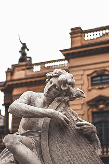 mramorová socha, hudebník, harfa, historické budovy, fasáda, složité detaily, staré sochy, Umělecká socha, venkovní umění, kulturní památka, klasické umění