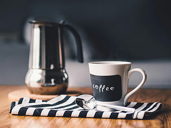 white coffee cup, stainless steel spoon, coffee mug, striped napkin, wooden table, espresso maker, morning coffee, coffee time, kitchen setting, coffee break, hot beverage