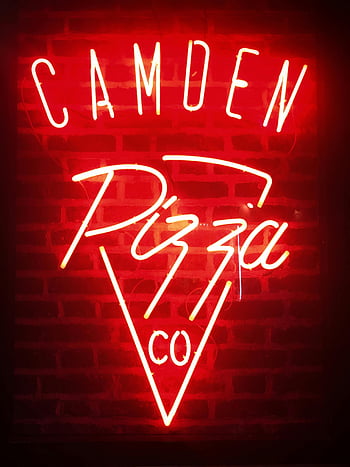 Camden Pizza, neon sign, London ambiance, brick wall, red neon, pizza sign, Camden Pizza Co, bright neon, London pizza, neon signage, pizza neon