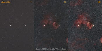 zásobník, astrofotografie, Bushnell 200 mm, surový zásobník, jediný obrázek, součet, integrace, proces úpravy, hvězdné pole, mlhovina, červené mraky