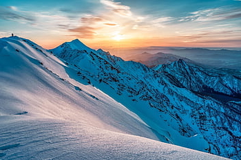 山、 雪、 日の出、 ピーク、 サミット、 太陽、 日光、 夜明け、 空、 雲、 冬