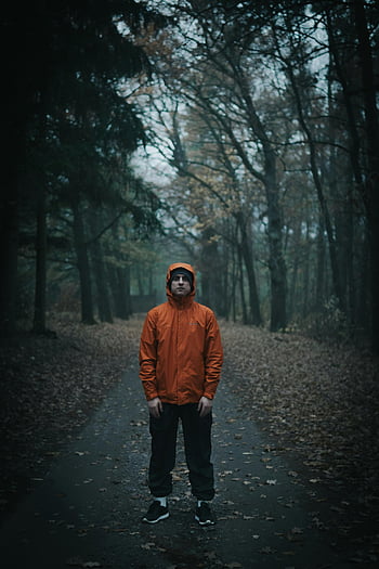 man in orange jacket, standing between trees, autumn day, leaf-covered forest path, moody atmosphere, solitary man, orange jacket, forest path, autumn leaves, trees, moody day