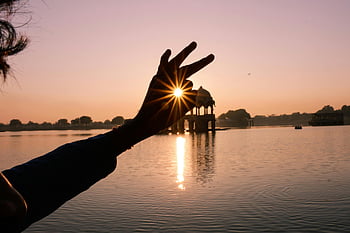 mână siluetă, razele de soare, lac indian, apus de soare, Vedere Pașnică, vedere artistică, sunet silueta, apus de soare la lac, mână gest, reflectarea soarelui, reflectarea apei
