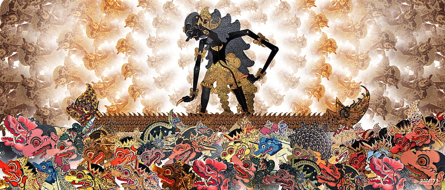 Jáva, místní kultura, wayang, krokodýli, loď, touhy, osud, digitální umění, Neo surrealismus, moderní