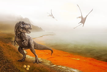 dinosaury, pterosaur, T rex, řeka, vejce, prehistorický, gejzír, horké prameny, Geotermální pramen, vyhynulý, sci-fi
