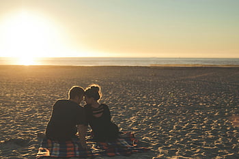 sunset, beach, couple, love, togetherness, sandy beach, horizon, man and woman, romantic moment, evening, ocean view