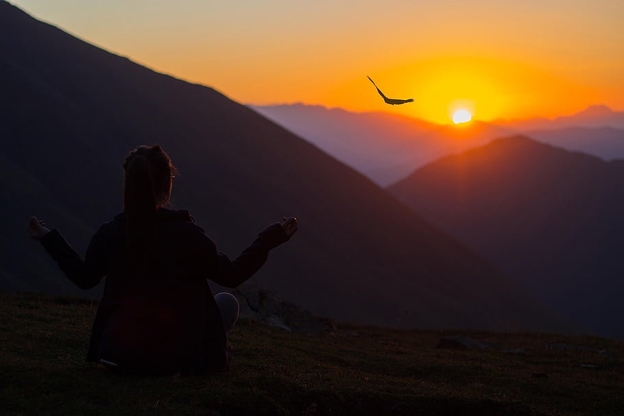 donna, ragazza, yoga, montagna, equilibrio, Salute, tramonto, meditazione, armonia, la libertà, natura