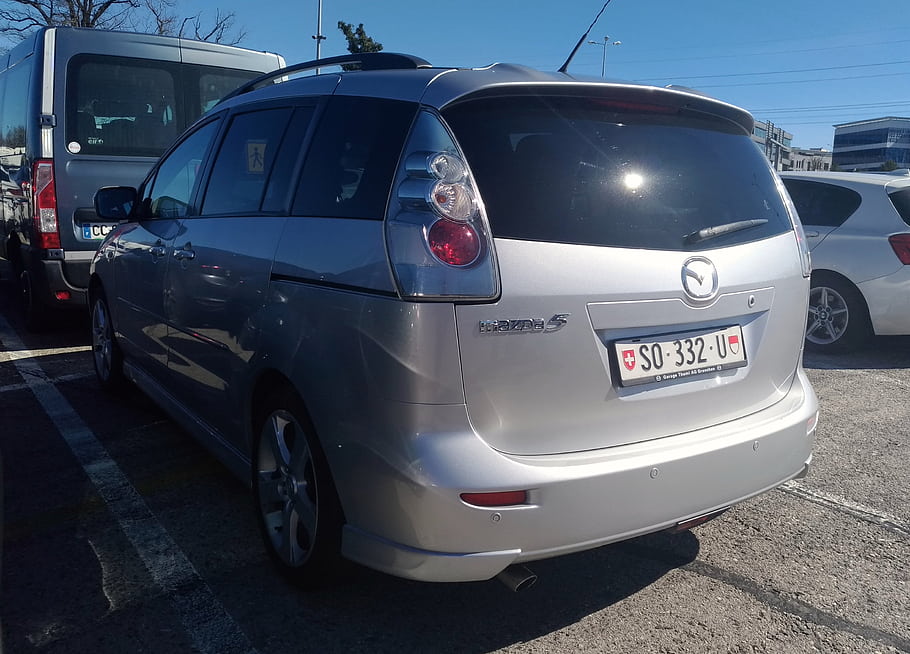 mazda, 5, švýcarsko, obchodník, deska, auto, stříbrný, zadní, Pohled, licence