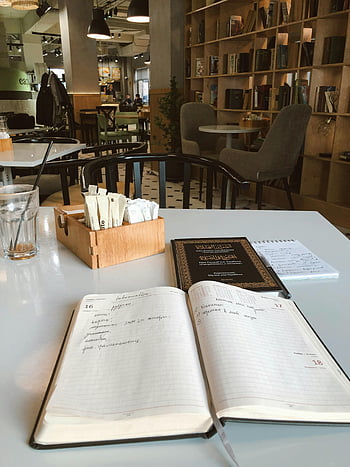 productive workspace, journaling at cafe, cozy cafe environment, planner organization, productivity tools, creative workspace, cafe journaling, notebook on table, remote working setup