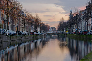 Leiden, Nederland, kanaal, natuur, stad, brug, water, reflectie, gebouwen, straat, waterweg