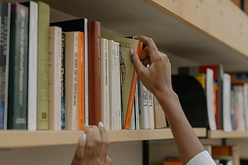 persona che tiene il libro, mensola in legno, scaffale libreria, letteratura diversa, collezione di libri, Scegliere il libro, materiale di lettura, scaffale, Scena della biblioteca, Libro di selezione a mano, libro della colonna vertebrale