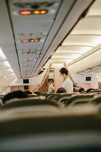 airplane seats, flight attendant, cabin interior, customer service, air travel, passengers, airplane cabin, exit sign, overhead compartments, airline service, travel experience