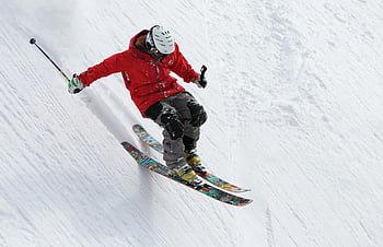 red jacket, skier, snowy slope, winter sports, day time, adventure, skill, ice skates, man, steep, descent