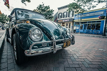 Green Volkswagen Beetle, parked sidewalk, classic vintage car, quaint brick street, Annapolis Maryland, vintage Volkswagen, classic car, brick street, Annapolis, Maryland, vintage Beetle
