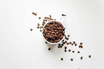 grains de café, tasse en céramique blanche, image minimaliste, vue de dessus, fond blanc, Sentillement des grains de café, tasse de café, Photographie minimaliste, tasse blanche, grains de café se répandre, Image de café minimaliste