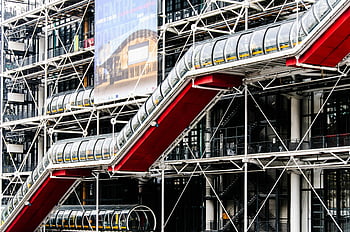 Centre Pompidou, modern facade, iconic escalators, Paris architecture, contemporary building, red escalators, glass structure, urban design, cultural landmark, France landmark, modern art museum