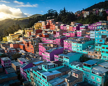 színes házak, Bogotá, Colombia, élénk házak, domboldali házak, légi felvétel, színes épületek, bogota colombia, színes környékek, élénk építészet, domboldali építészet