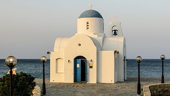 white church, ocean view, blue dome, seashore chapel, travel destination, architecture photography, coastal church, seaside church, traditional chapel, blue cross, seaside architecture