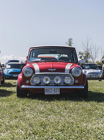 red Mini Cooper, vintage car, outdoor car show, automotive nostalgia, classic car, red and white, Mini Cooper, car display, retro car, car enthusiasts, car event