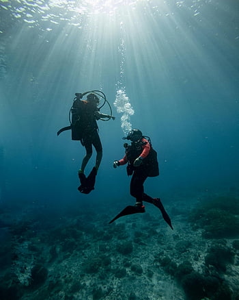 potápěči, pod vodou, sluneční paprsky, Hloubky oceánu, zkoumání, Dva potápěči, potápění, průzkum oceánu, podvodní fotografie