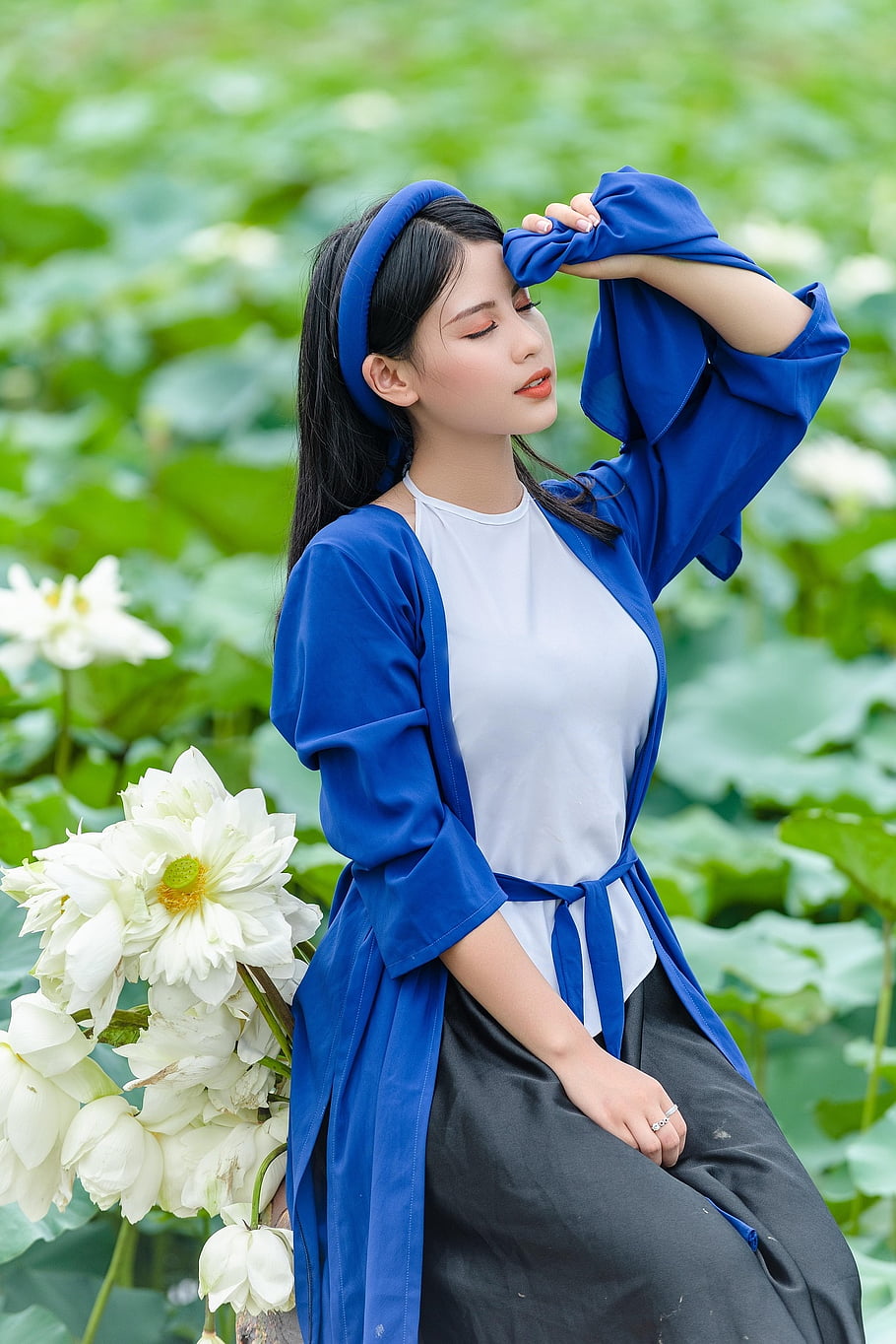 nő, modell, ao dai, stílus, hagyományos, szépség, kombiné, lótusz