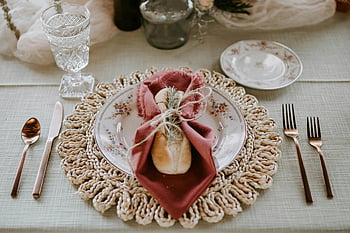 elegantní deska, chléb, ubrousek, zdobené stůl, elegantní boho, nádobí, křišťálové sklo, Slavnostní příležitost, nastavení tabulky, prostírání, příbory
