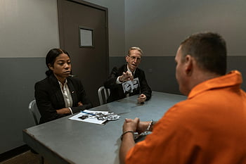 cops, criminal, evidence, suspect, orange jumpsuit, detectives, interrogation, dimly lit room, police investigation, crime scene, handcuffs