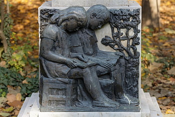 sculpture, stone, article, artistic, children, the Boy, girlie, education, reading, book, nature