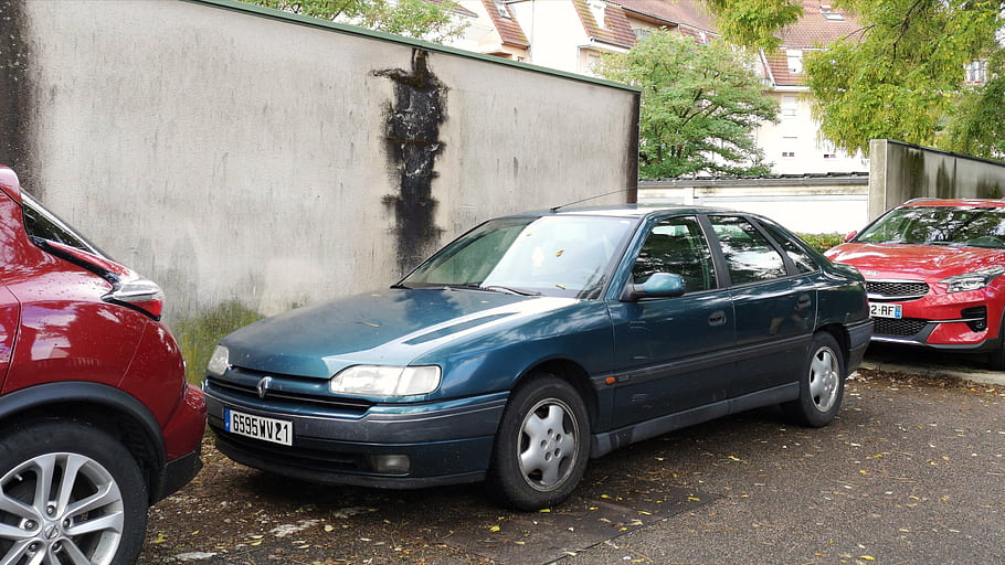 Renault, Safrane, car, blue, parked, outdoors, vehicle, sedan, license plate, wheels, trees