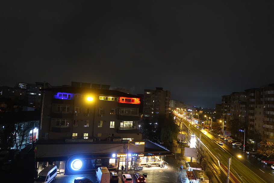 večer, noc, panoráma města, ulice, budov, světla, městský, provoz, Vitan, silnice, svítí