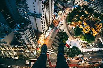 paesaggio urbano aereo, grattacielo, vista drammatica, strade della città, Vibrante vita notturna, paesaggio urbano, fotografia notturna, fotografia aerea, edifici della città, uomo che prende foto, Vista ad alta quota