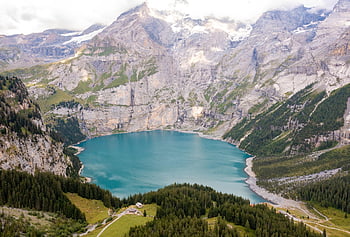 alpine Lake, oeschinen Lake, mountain, lake, swiss Alps, switzerland, nature, aerial View, landscape, bernese Oberland, alps