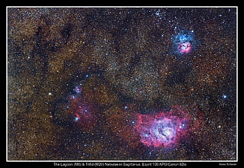 laguny mlhoviny, trifidní mlhovina, astrofotografie, messier 8, messier 20, Střelec, Hluboká obloha, Kánon 6da, Esprit 100 mm, prostor, vesmír