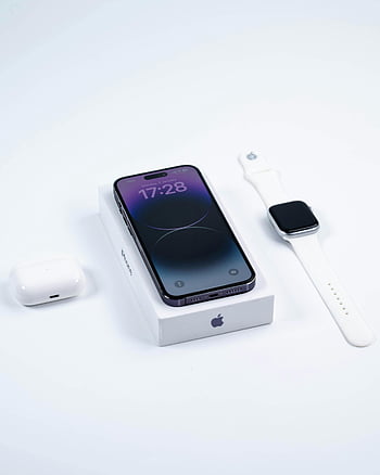 smartphone, smartwatch, earbuds, modern technology, white background, close-up, cellphone, watch, AirPods, Apple products, tech gadgets