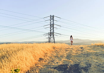 Stâlp de înaltă tensiune din oțel gri, femeie plimbare, câmp luminat de soare, linii de înaltă tensiune, distanţă, scena în aer liber, peisajul rural, setare naturală, Turn de înaltă tensiune, infrastructură electrică, zi insorita